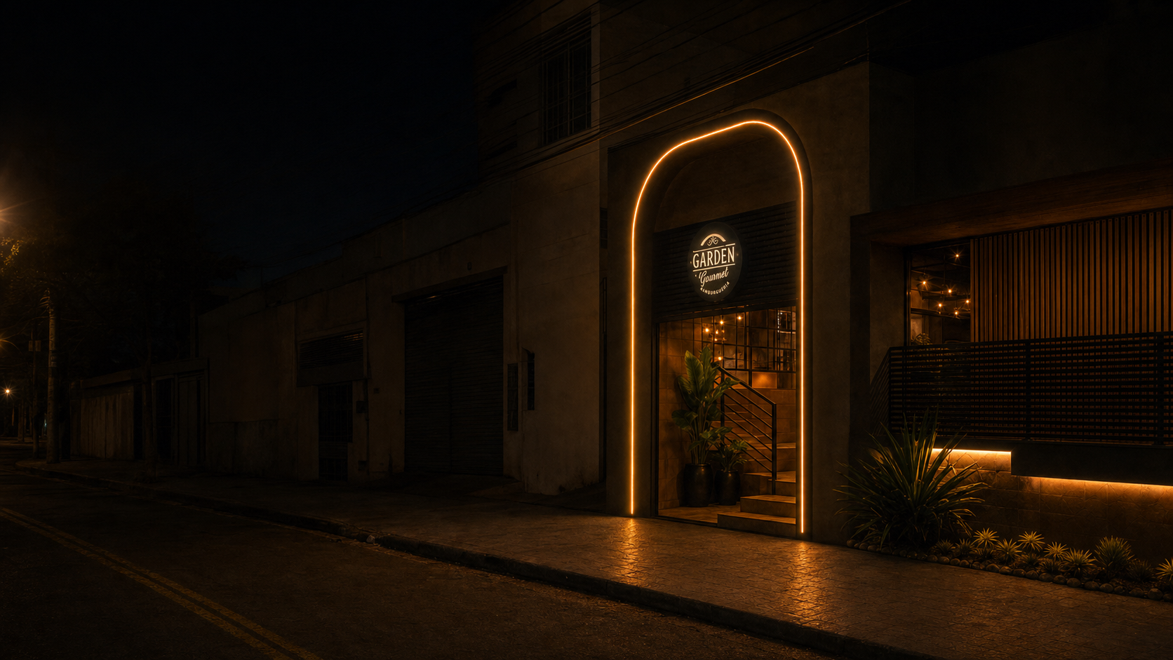 Conceito visual noturno da nova fachada do Garden Gourmet com arco iluminado